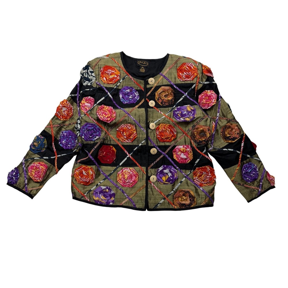 Vintage 90s Julia Kim PL 100% Silk Floral Applique Art to Wear Jacket